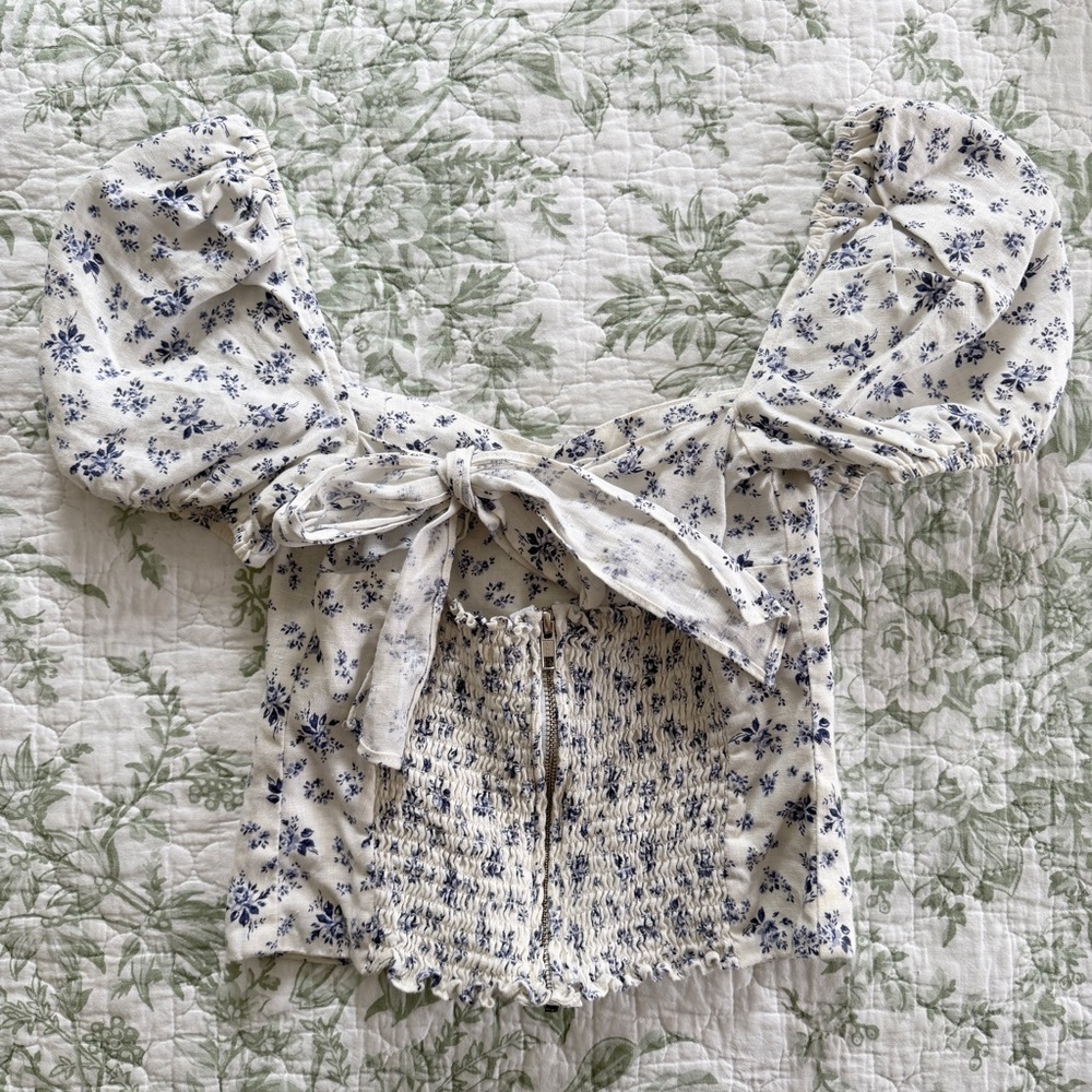Reformation Casterly Linen Puff Sleeve Tie Back Top Madeline Floral Print Size 4 - Picture 7 of 8